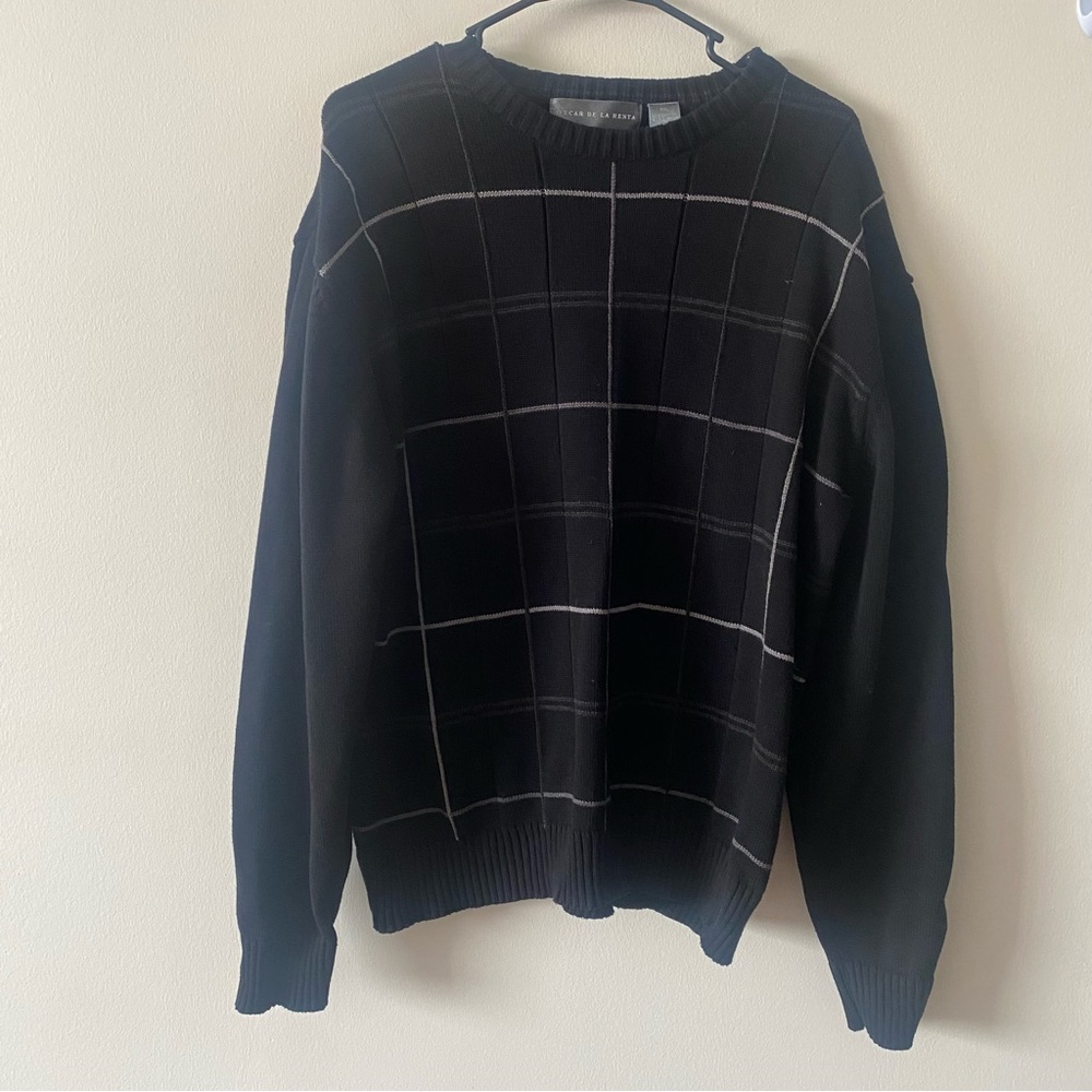 Oscar De La Renta Black Drop Needle Checkered Crewneck Sweater